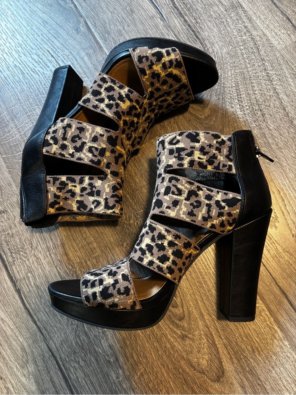 Report Leopard Print Strappy Block Heel Sandals - Black and Leopard
